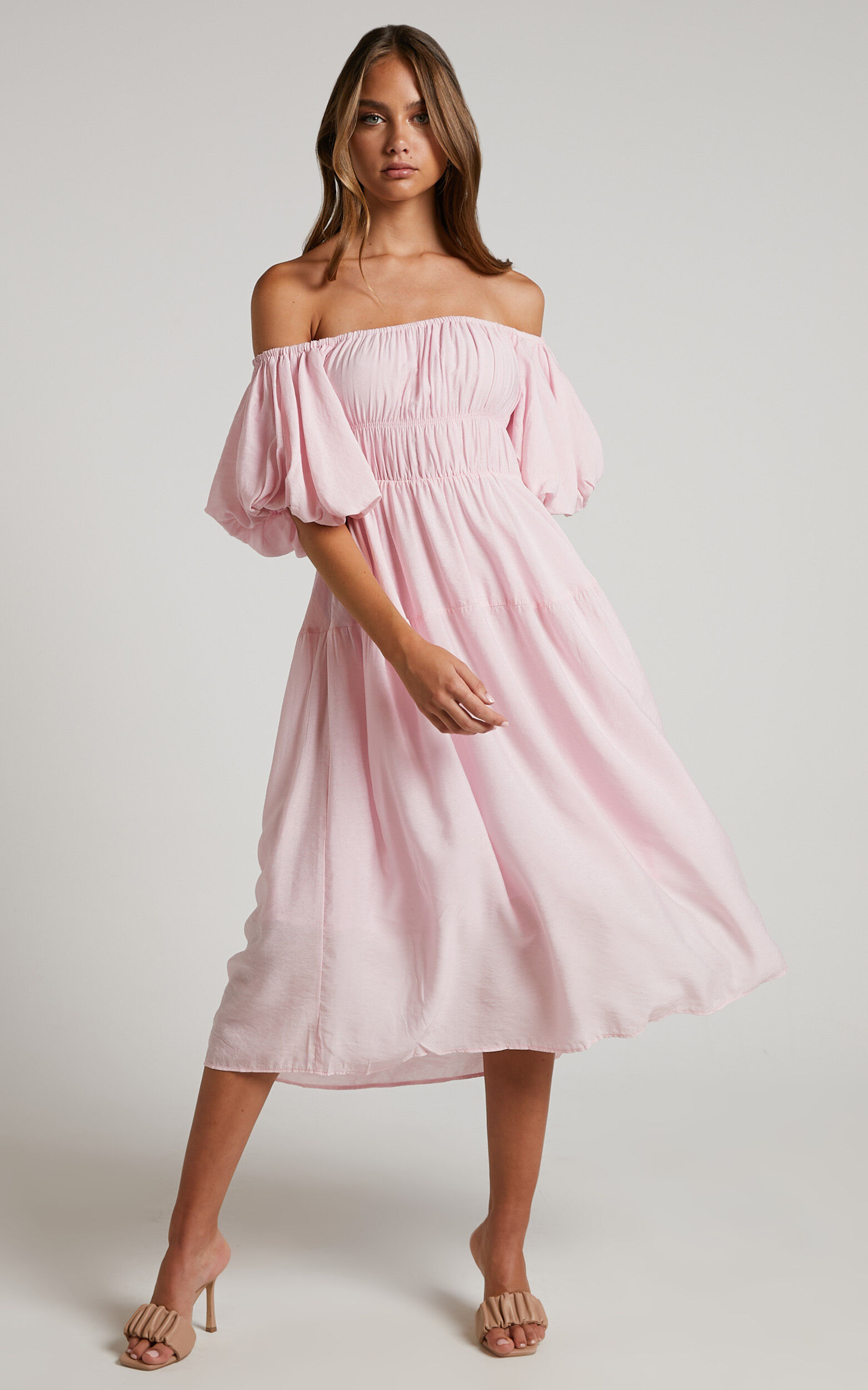 Peyton Midi Dress - Off Shoulder Puff Sleeve Tiered Dress in Pale Pink - 06, PNK1, super-hi-res image number null
