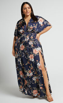 Vacay Ready Midaxi Dress - Plunge Thigh Split Dress in Navy Multi Floral