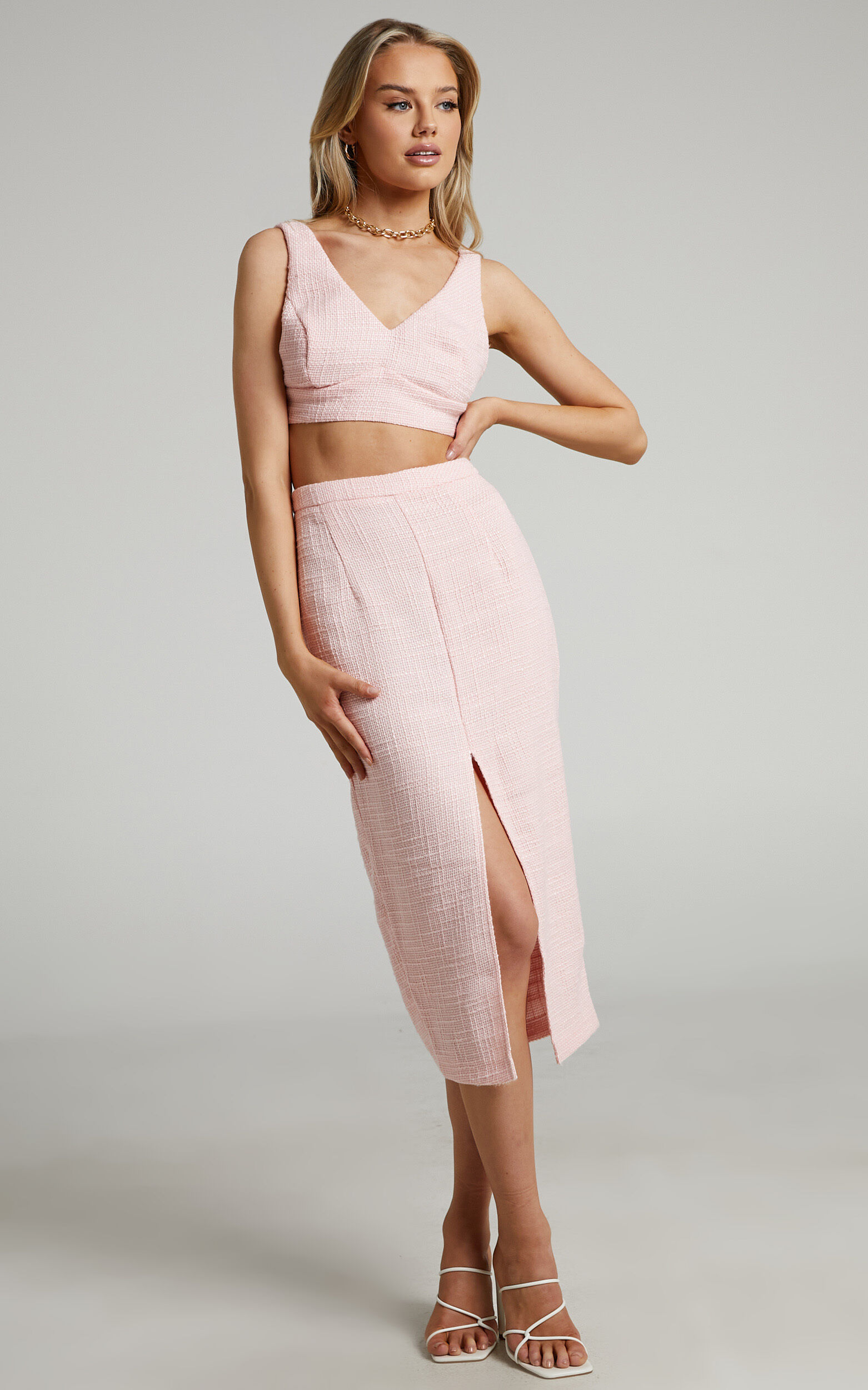 Jhessa Boucle Tweed Crop Top and Split Front Midi Skirt Two Piece Set in Pale Pink - 04, PNK1, super-hi-res image number null