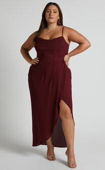 Andrina Midaxi Dress -  High Low Wrap Corset Dress in Wine