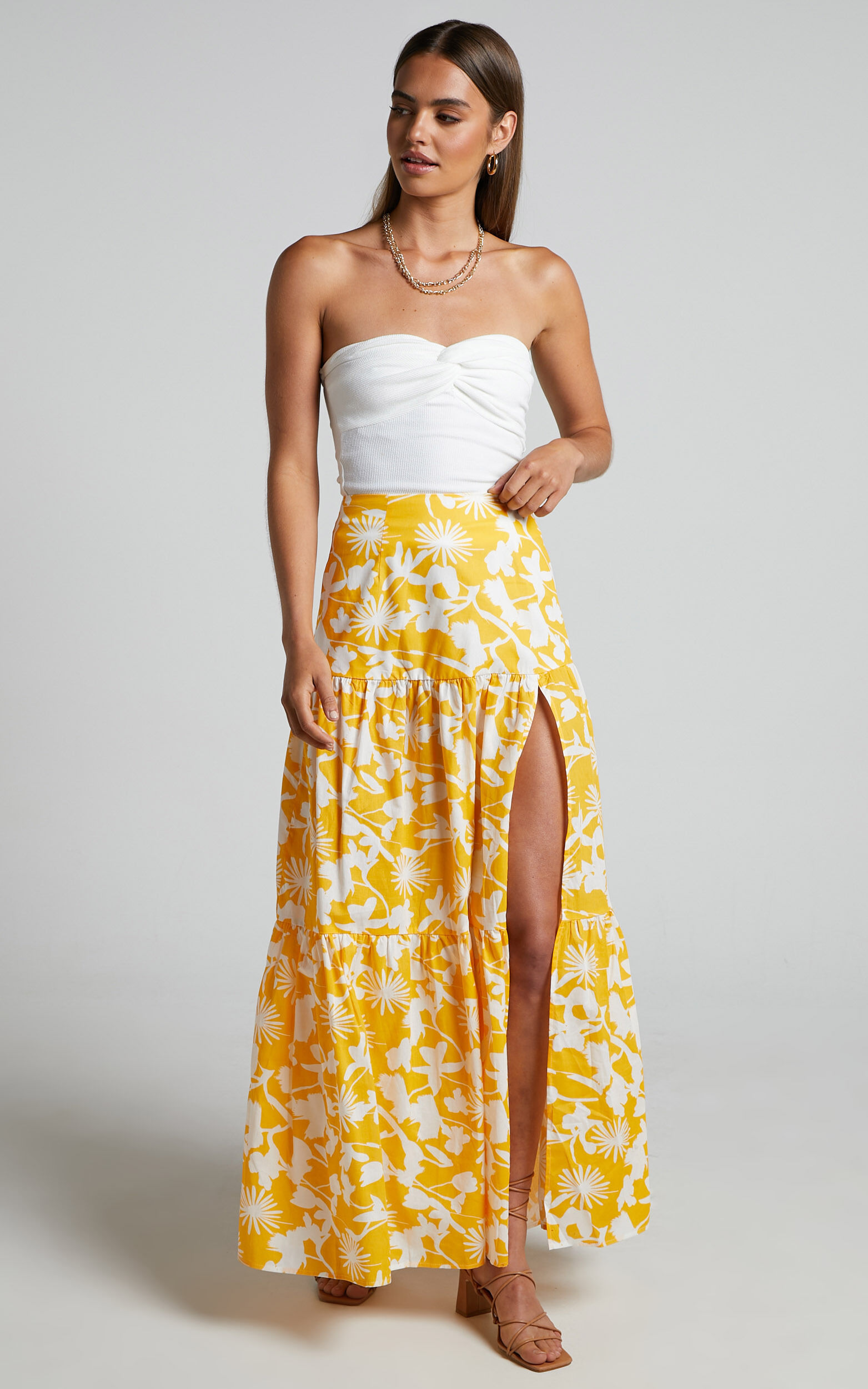 Evita Midi Skirt - Drop Waist Thigh Split Tiered Skirt in Yellow Floral - 20, MLT1