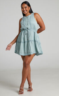 Scotty Button Up Broderie Mini Dress in Sage
