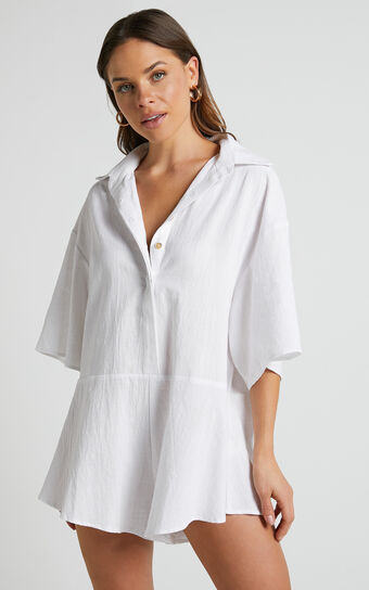 Ankana Playsuit - Short Sleeve Relaxed Button Front Playsuit in White