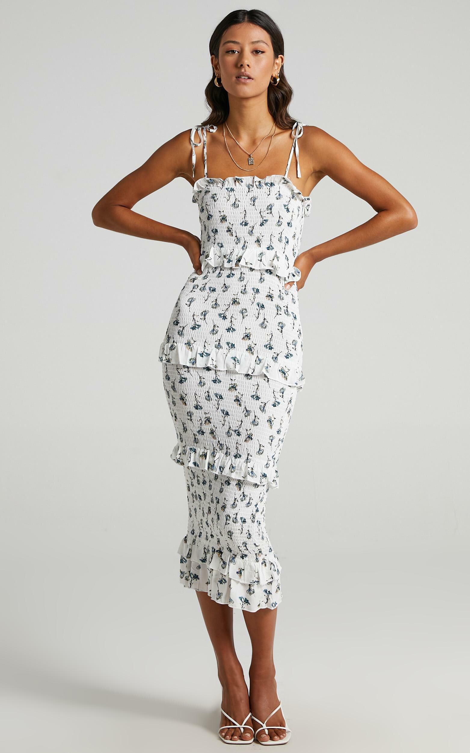 My Favourite Thing Shirred Midi Dress in White Floral | Showpo USA