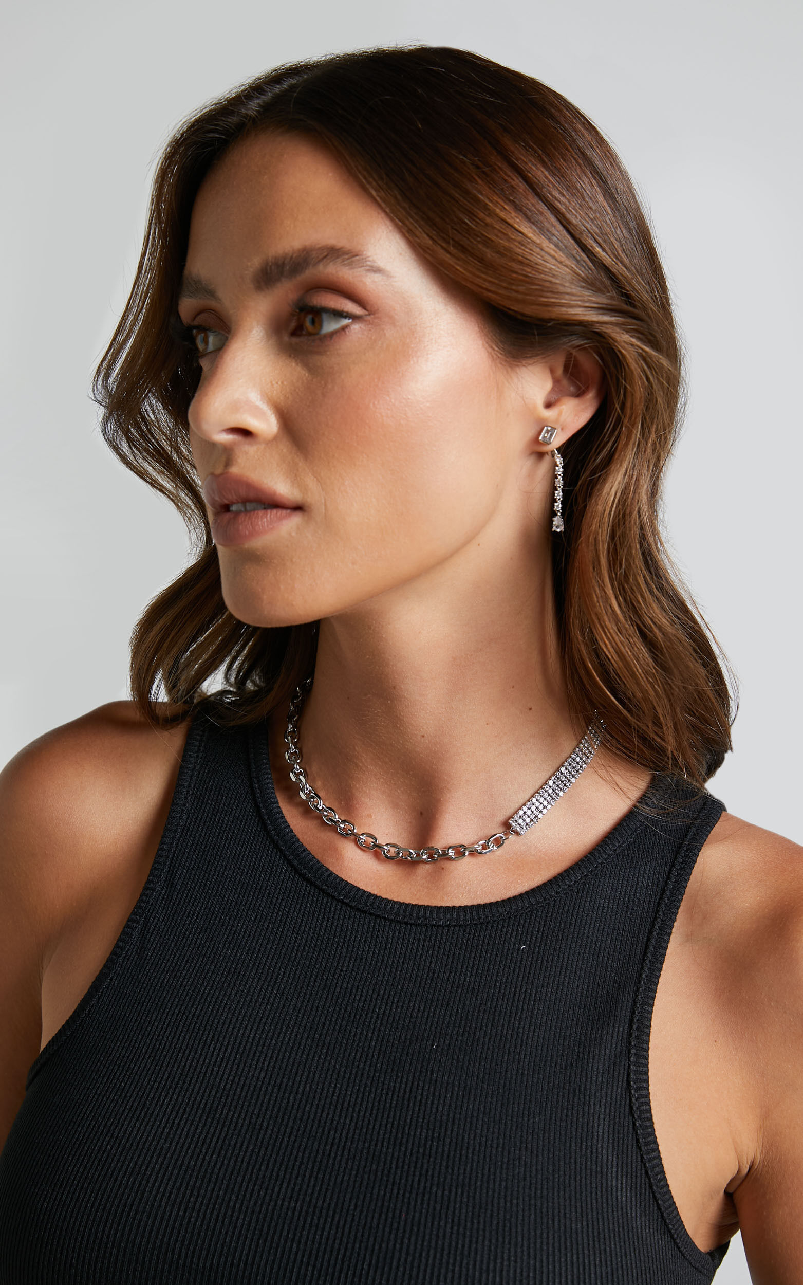 Rhianwen Necklace - Half Diamante Half Chain Necklace in Silver - NoSize, SLV1