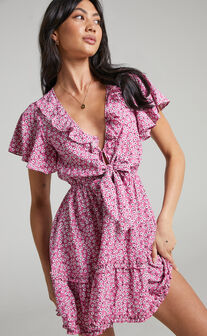 Emily Tie Front Frill Detail Mini Dress in Pink Floral