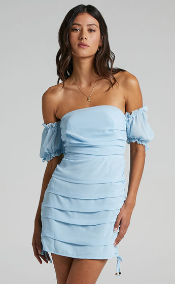 Cant Get You Off My Mind Off The Shoulder Mini Dress in Powder Blue