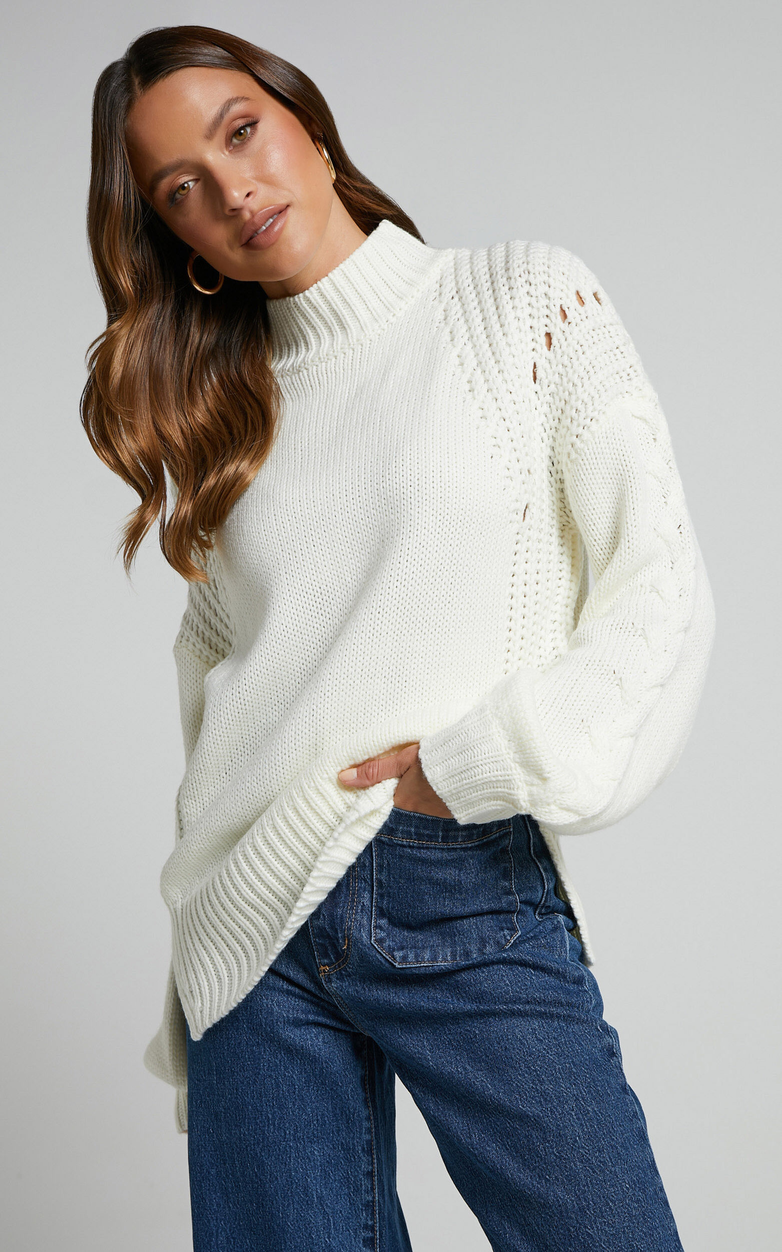 Trizia Jumper - Long Sleeve High Neck Pointelle Knit Jumper in Cream - 06, CRE1