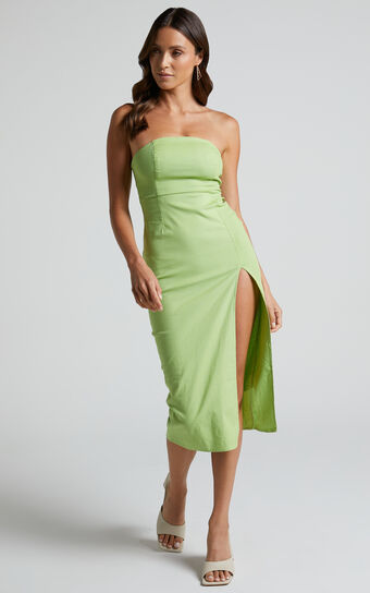 Hannie Midi Dress - Thigh Split Strapless Dress in Green