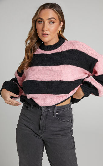 Hillary Striped Cropped Balloon Sleeve Jumper in Pink/Black