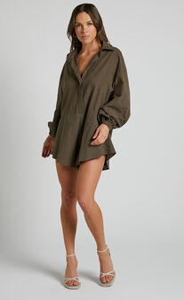 Anka Playsuit - Relaxed Button Front Shirt Playsuit in Khaki