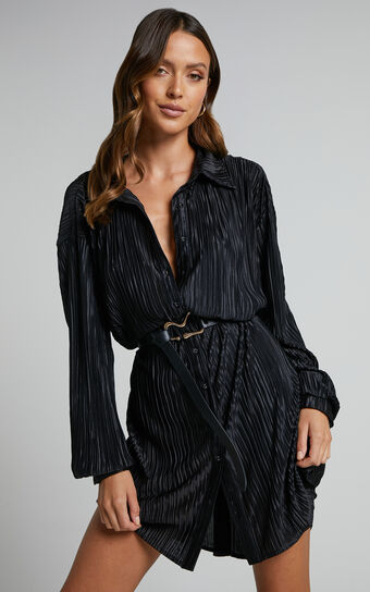 Beca Mini Dress - Crinkle Button Up Shirt Dress in Black