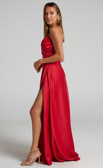 Chastine Ruched Bodice Front Wrap Satin Ball Gown in Red