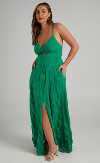 Marisse Maxi Dress - Cut Out Front Split Cross Back Textured Dress in Green