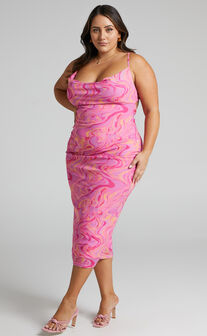 Helga Cowl Neck Ruched Midi Dress in Mesh in Pink Swirl