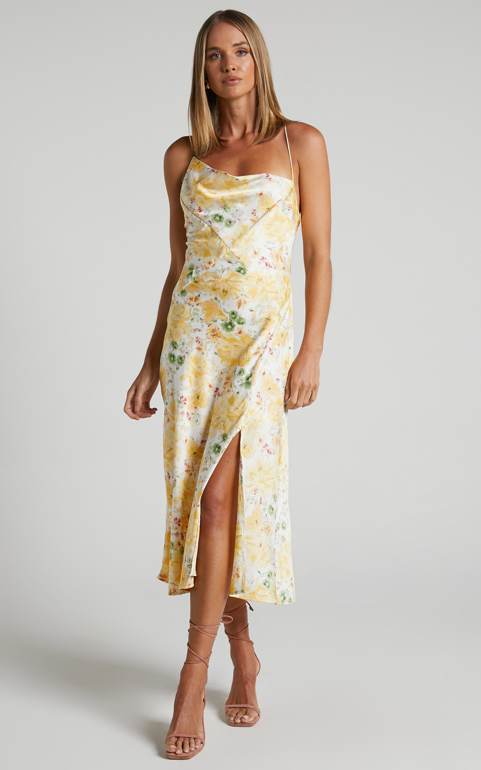 Rischa Midi Dress - Asymmetrical Cowl Neck Side Split Satin Dress in Yellow Floral - 06, YEL1