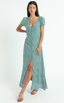 Flaming Hot Button Up V Neck Maxi Dress in Green Floral