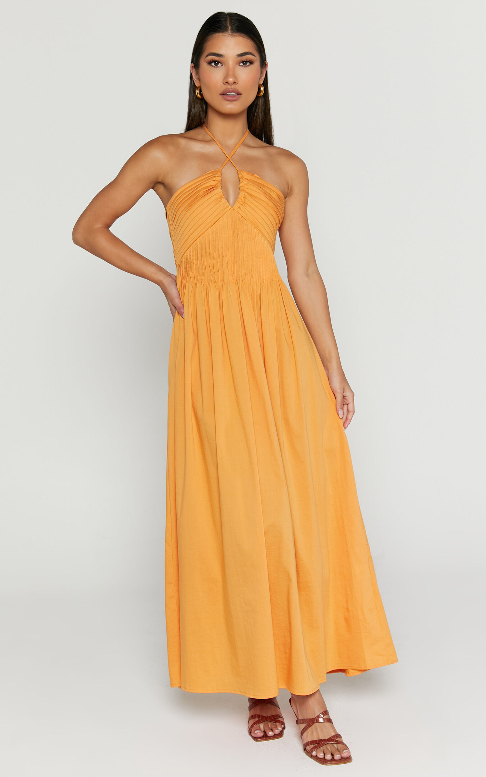 Meghan Midaxi Dress - Pleat Detail Drop Waist Dress in Orange - 06, ORG1