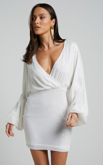 Erine Mini Dress - Long Sleeve Sequin Dress in White