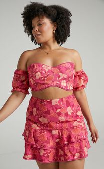 Final Resort Two Piece Ruffle Sleeve Mini Set in Berry Floral