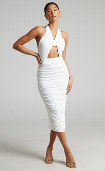 Kathleen Cut Out Ruched Midi Dress in White