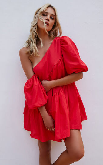 Harleen Mini Dress - Asymmetrical Trim Puff Sleeve Dress in Red