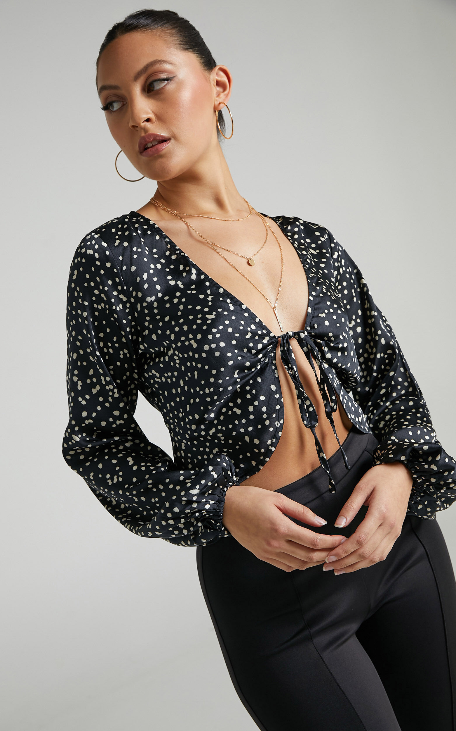 Fingal Balloon Sleeve Tie Front Top in Black Spot - 04, BLK1, super-hi-res image number null