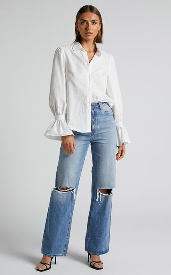 Riggie Shirt - Button Up Flared Sleeve Cotton Shirt in White
