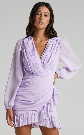 Can I Be Your Honey Plunge Balloon Sleeve Mini Dress in Lilac