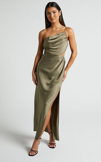 Jaylani Midaxi Dress - One Shoulder Thigh Split Gathered Satin Dress in Dark Olive