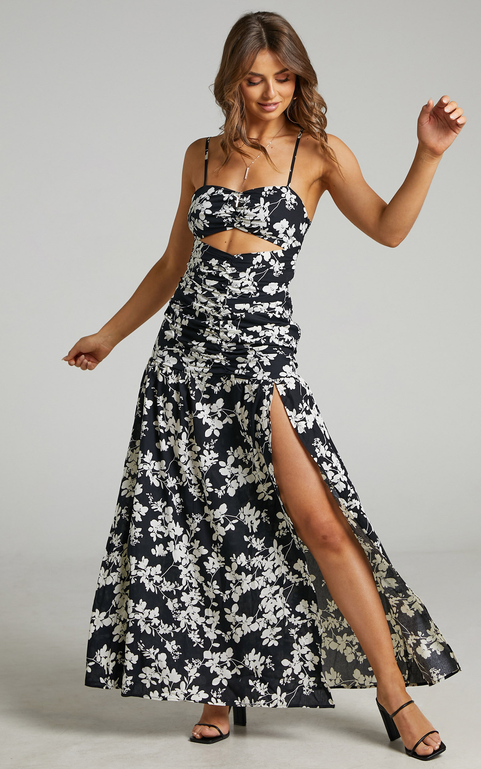 Mikaela Ruched Front Underbust Cut Out Maxi Dress in Black Floral - 06, BLK2, super-hi-res image number null
