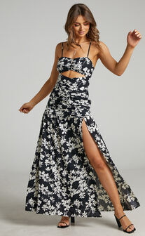 Mikaela Ruched Front Underbust Cut Out Maxi Dress in Black Floral