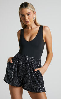 Jacquie Relaxed Shorts - Sequin Shorts in Gunmetal