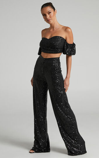 Chezzale Sequin Puff Sleeve Top and Wide Leg Pants Two Piece Set in Black