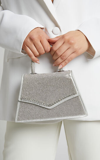 Neshryn Bag - Diamante Top Handle Wide Strap Trapezoid Bag in Silver Diamante