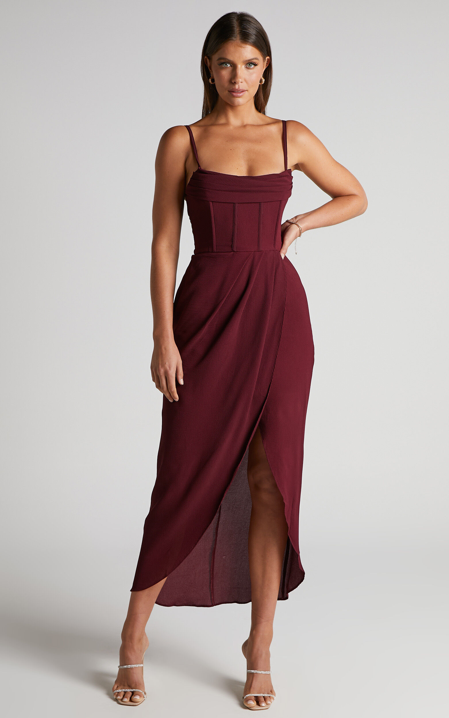 Andrina Midi Dress -  High Low Wrap Corset Dress in Wine - 04, WNE1, super-hi-res image number null