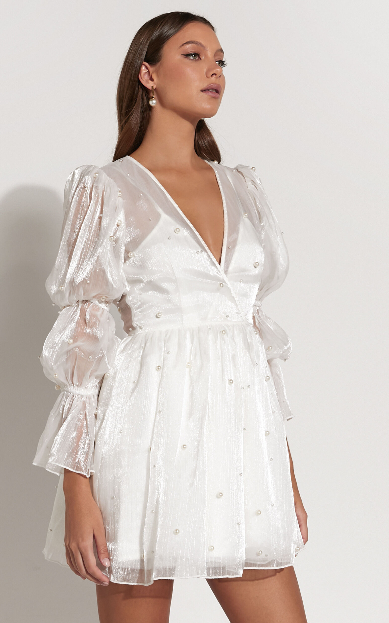 Solanna Mini Dress -  Long Puff Sleeve V Neck Dress in White - 04, WHT1