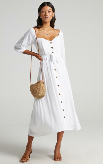 Sorrento Dreaming Midi Dress - Off Shoulder Sleeve Button Through Dress in White Linen Look