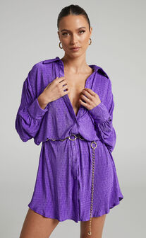Beca Mini Dress - Crinkle Button Up Shirt Dress in Purple