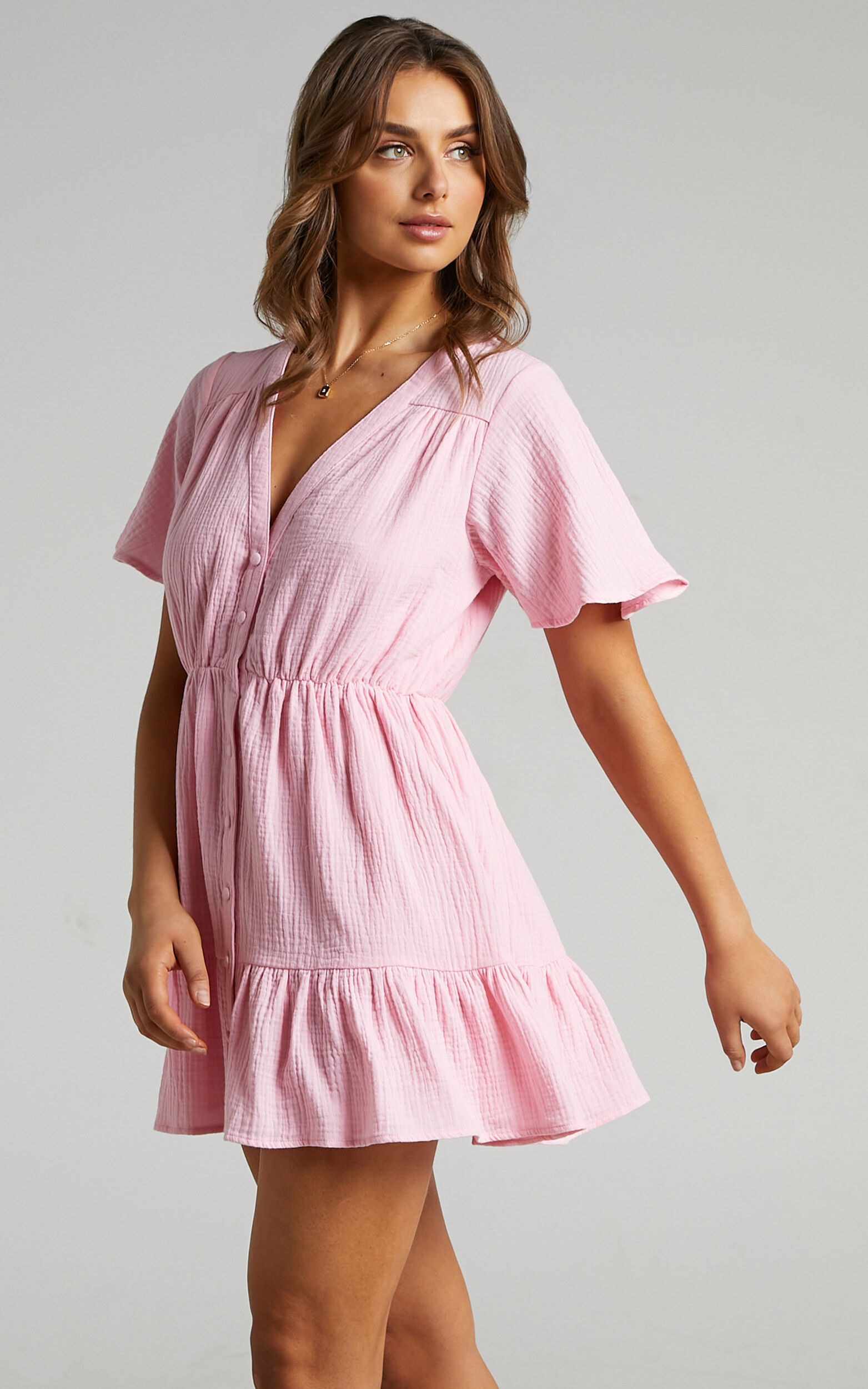 Isabella Button Up Flutter Sleeves Mini Dress in Pink | Showpo USA