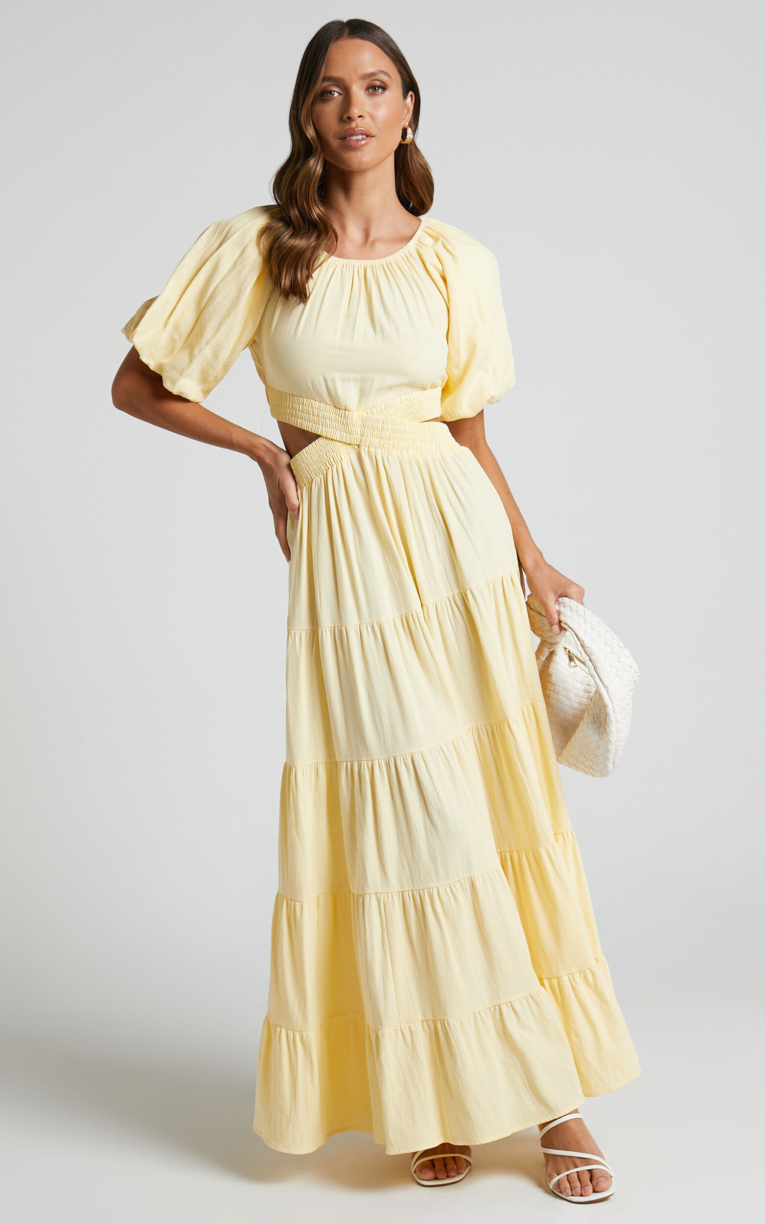 Leandra Maxi Dress - Scoop Neck Cut Out Tiered Dress in Lemon - 06, YEL2, super-hi-res image number null