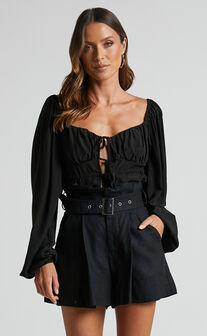 Nadine Top - Long Sleeve Ruched Bust Top in Black