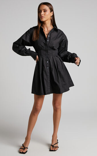 Claudette Mini Dress - Long Sleeve Corset Shirt Dress in Black