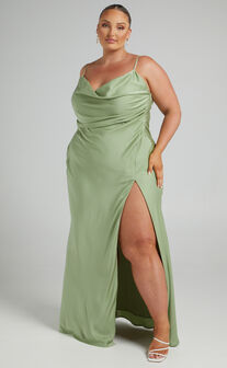 Jewelle Midi Dress - High Split Cowl Neck Satin Dress in Green