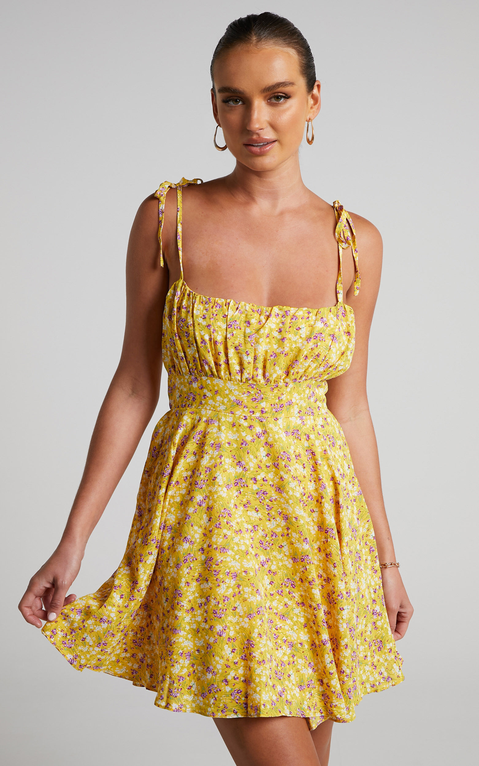 Liahna Mini Dress - Ruched Bust Tie Shoulder A-Line Dress in Yellow Floral - 04, BRN1, super-hi-res image number null