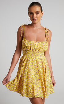 Liahna Mini Dress - Ruched Bust Tie Shoulder A-Line Dress in Yellow Floral