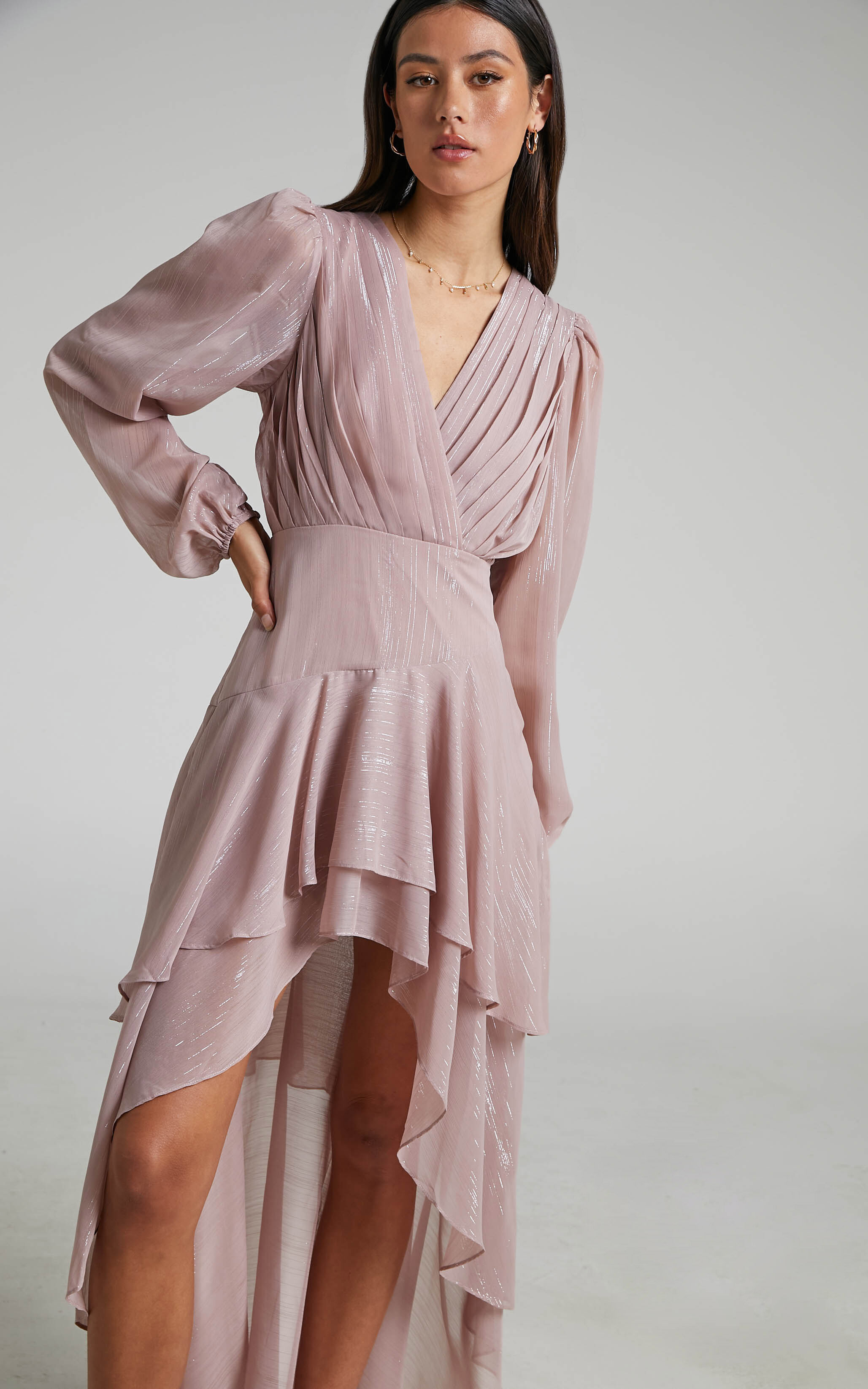 Claudita Long Sleeve Hi-Low Hem Maxi Dress in Dusty Rose - 04, PNK1, super-hi-res image number null