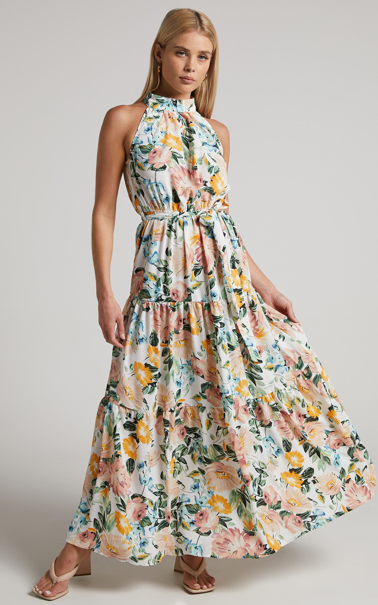 Annabelle Maxi Dress - High Neck Tiered Dress in Spring Floral - 06, WHT1, super-hi-res image number null