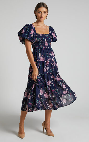 Stanford Midi Dress - Puff Sleeve Tiered Dress in Navy Floral