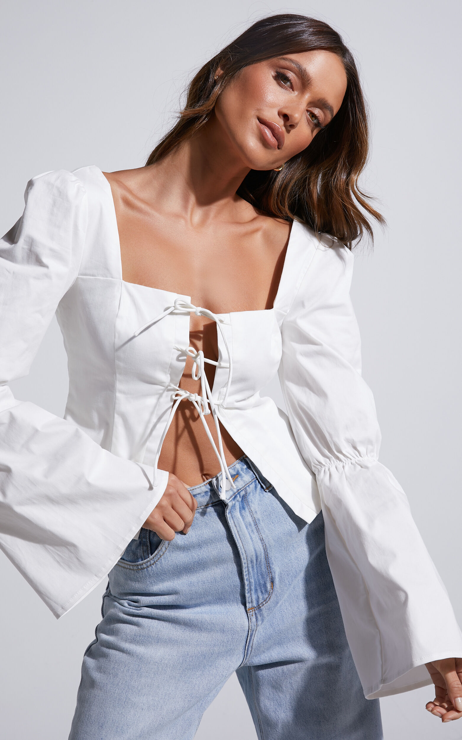 Cherira Long Sleeve Tie Front Blouse in White - 06, WHT1, super-hi-res image number null